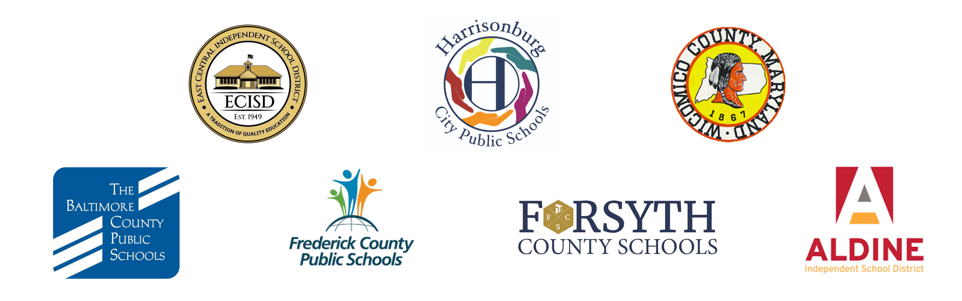 Logos for new TalkingPoints partners. Baltimore county public schools, frederick county public schools, forsyth county public schools, harrisonburg city public schools, wicomico county, aldine isd, east central isd